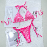 Beach Babes cheeky bottom triangle swimsuit in pink leopard print with adjustable ties