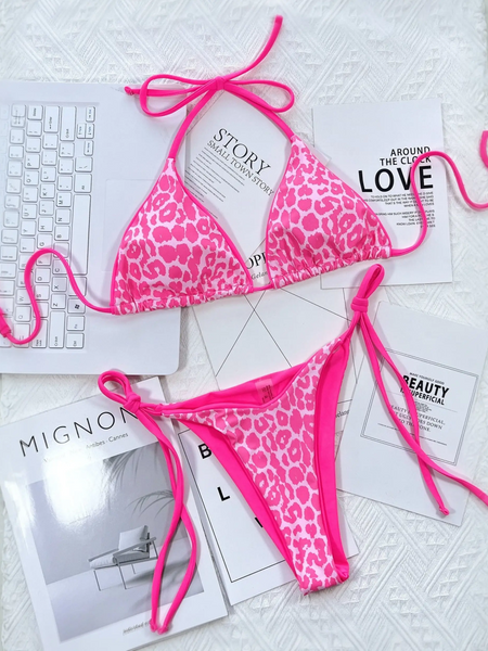 Beach Babes cheeky bottom triangle swimsuit in pink leopard print with adjustable ties