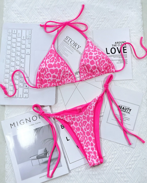 Beach Babes cheeky bottom triangle swimsuit in pink leopard print with adjustable ties
