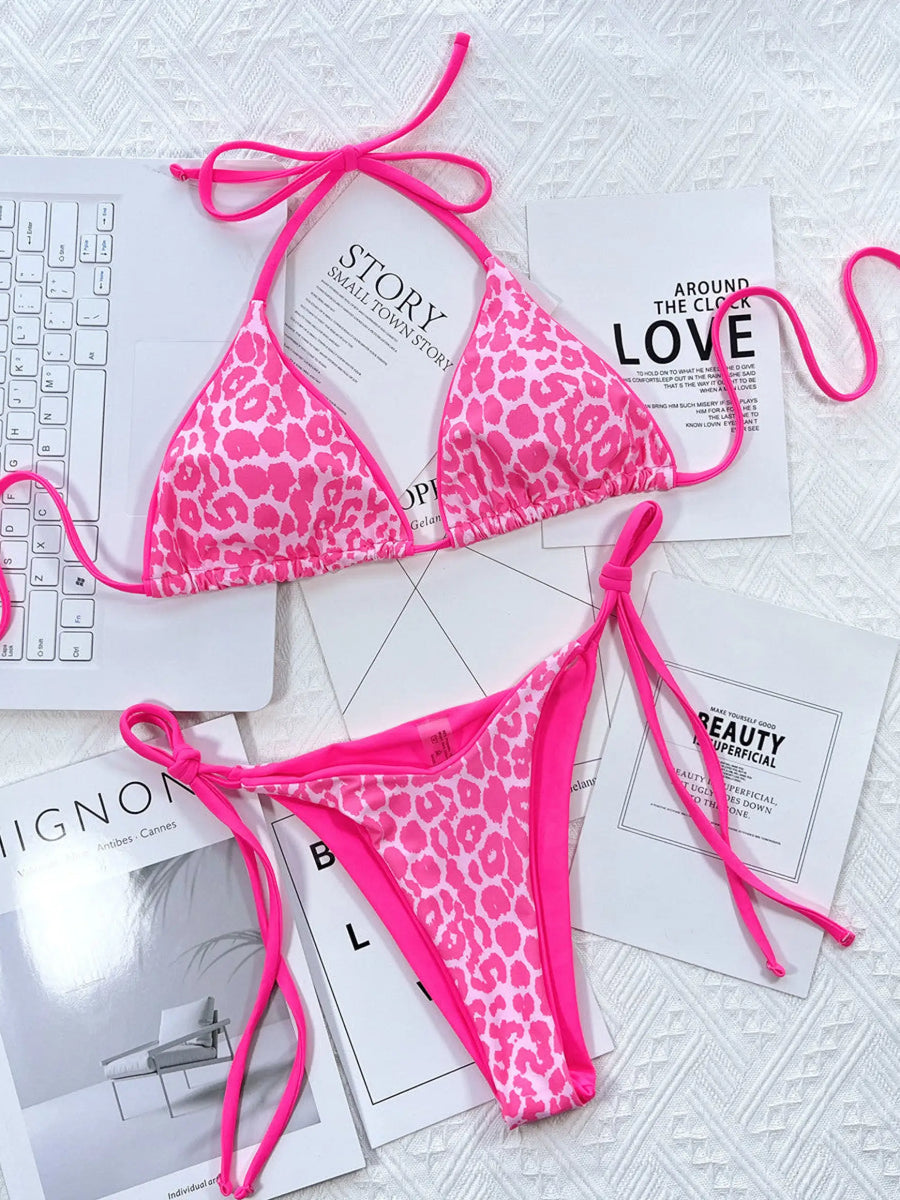 Beach Babes cheeky bottom triangle swimsuit in bright pink leopard print with adjustable ties