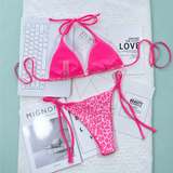 Beach Babes bright pink cheeky bottom triangle swimsuit with solid and leopard print design