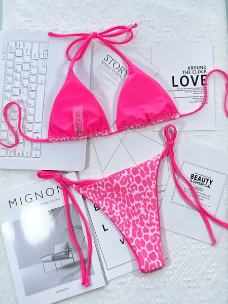 Beach Babes bright pink cheeky bottom triangle swimsuit with solid and leopard print design