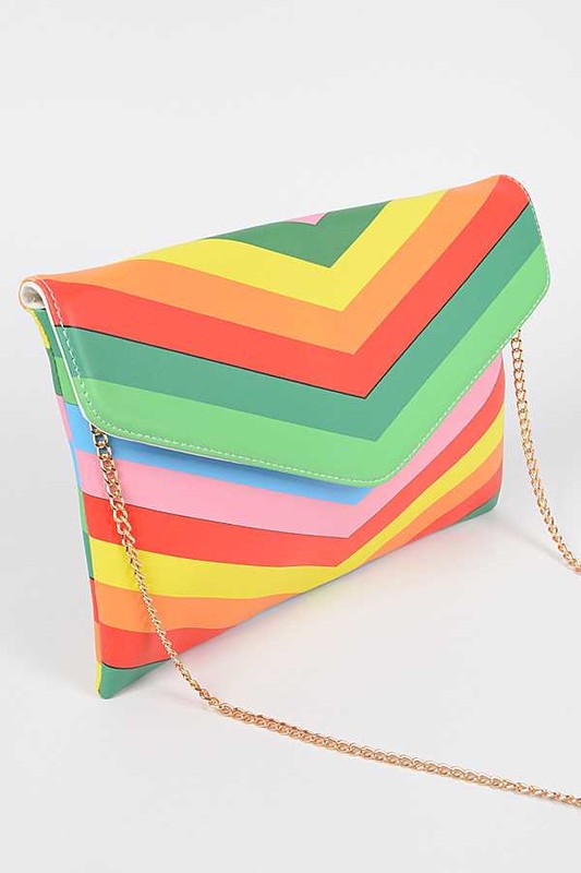 Babe Beachwear chevron colorful summer envelope bag with gold chain strap and vibrant rainbow pattern
