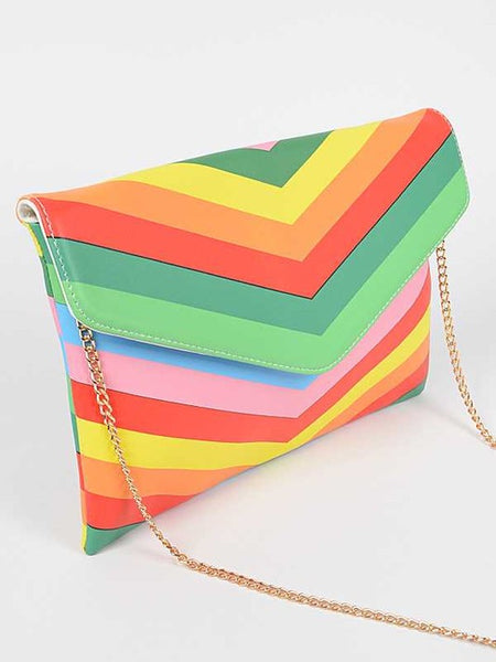 Babe Beachwear chevron colorful summer envelope bag with gold chain strap and vibrant rainbow pattern