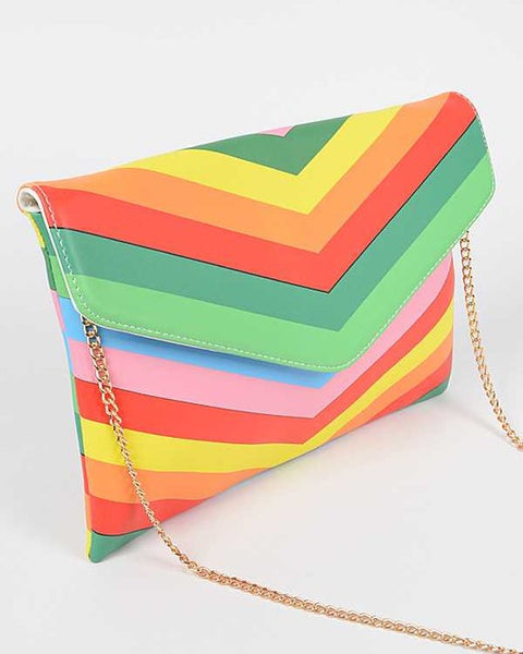 Babe Beachwear chevron colorful summer envelope bag with gold chain strap and vibrant rainbow pattern