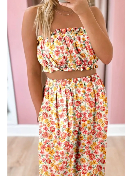 Trendsi chic boho beachwear set with floral print strapless top and matching high-waisted pants