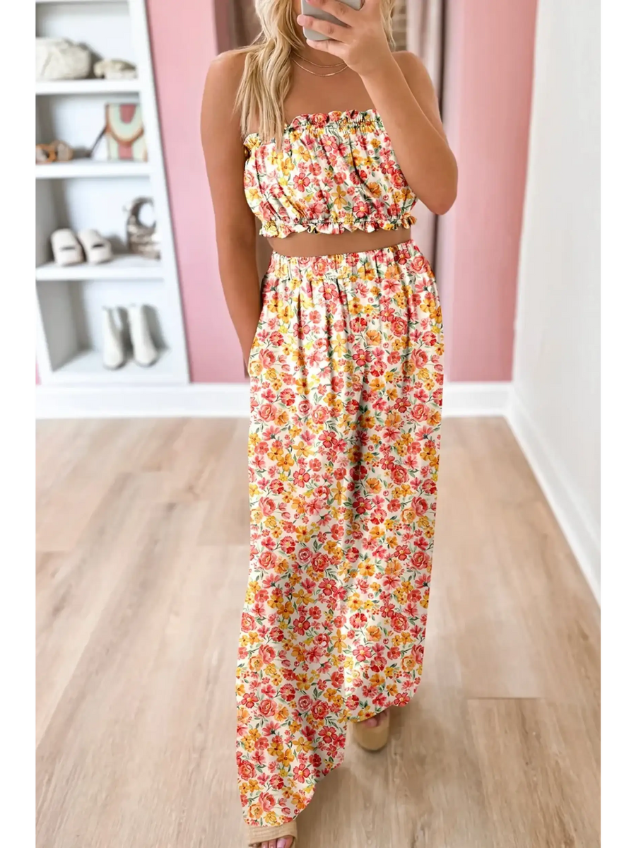 Trendsi chic boho beachwear set with floral print tube top and wide leg pants perfect for summer