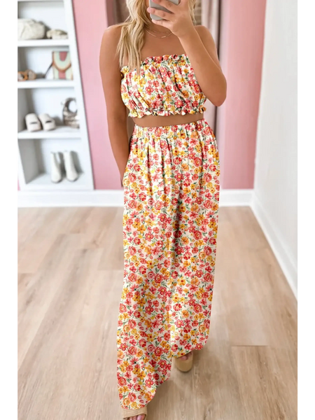 Trendsi chic boho beachwear set with floral printed strapless top and matching wide-leg pants