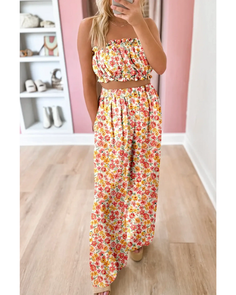 Trendsi chic boho beachwear set with floral printed strapless top and matching wide-leg pants