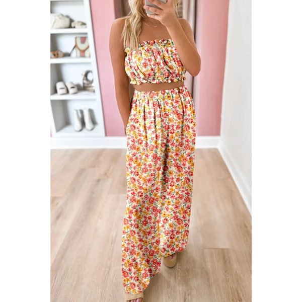 Trendsi chic boho beachwear set with floral printed strapless top and matching wide-leg pants