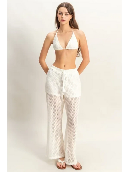 Trendsi chic cover up set for poolside featuring white crochet halter top and matching wide-leg pants