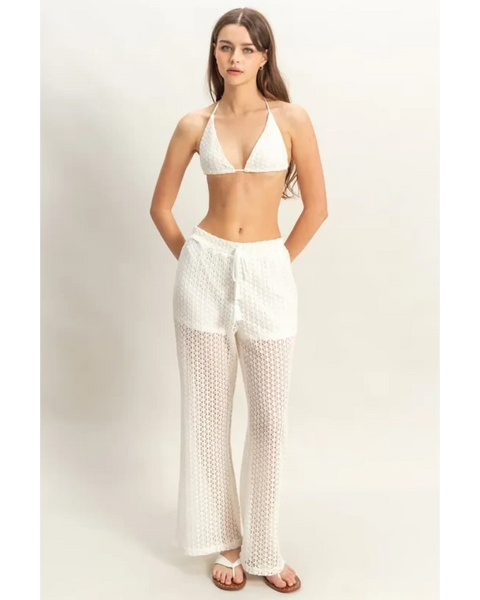 Trendsi chic cover up set for poolside featuring white crochet halter top and matching wide-leg pants