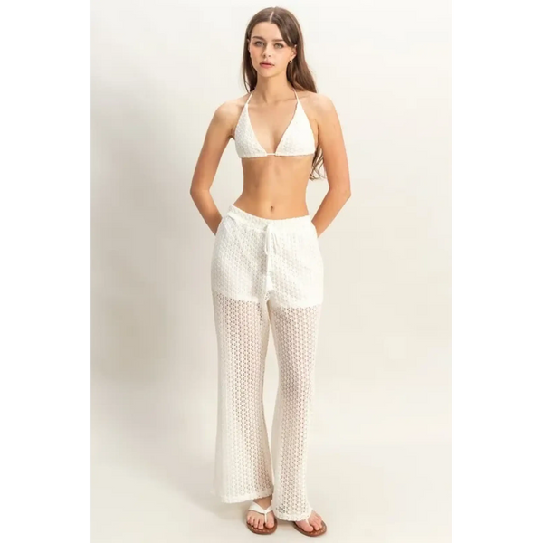 Trendsi chic cover up set for poolside featuring white crochet halter top and matching wide-leg pants