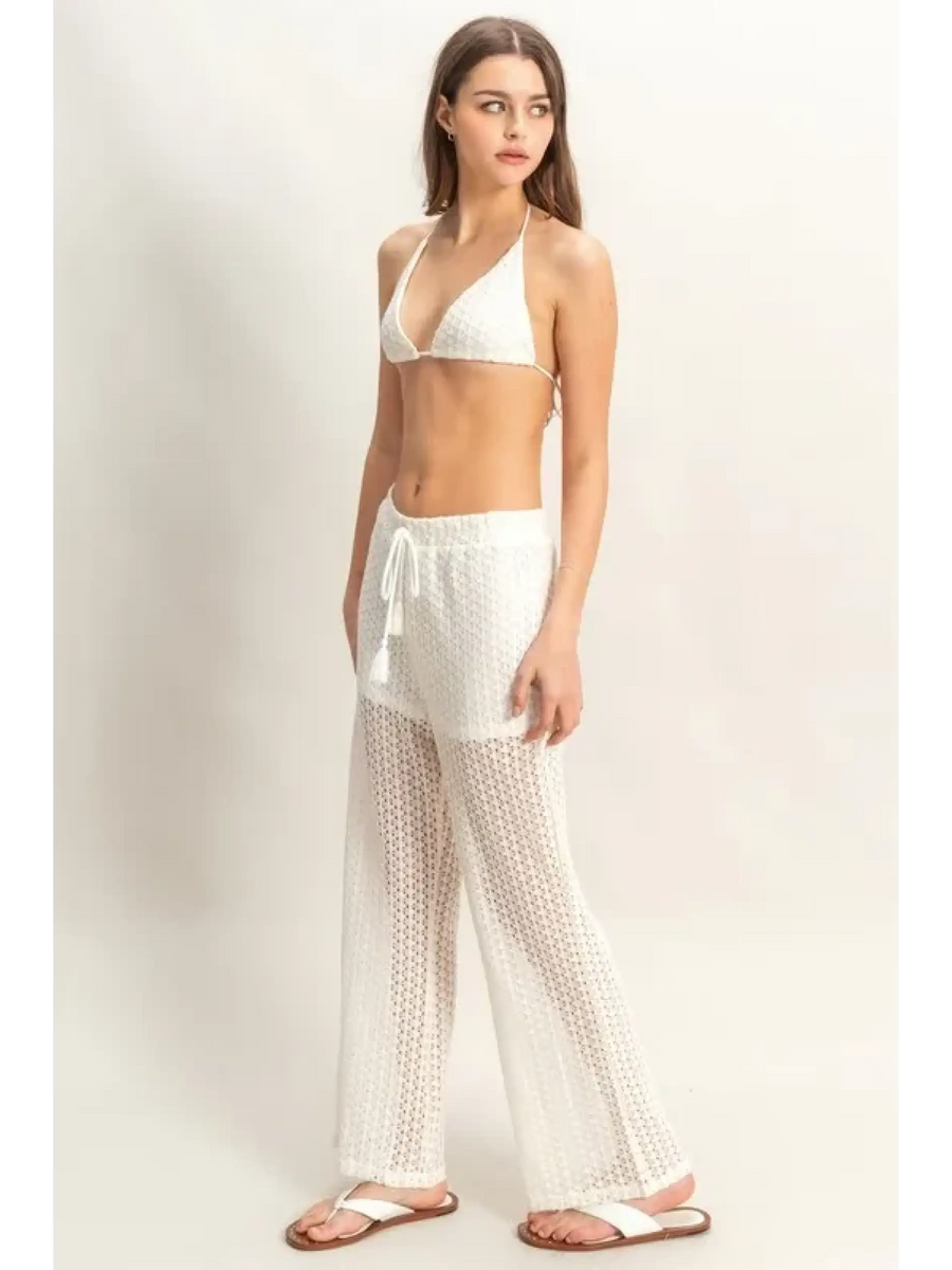 Trendsi chic cover up set for poolside featuring white crochet halter top and matching sheer pants
