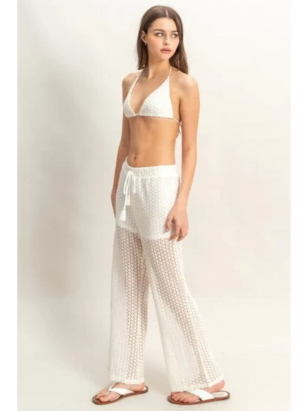 Trendsi chic cover up set for poolside featuring white crochet halter top and matching sheer pants