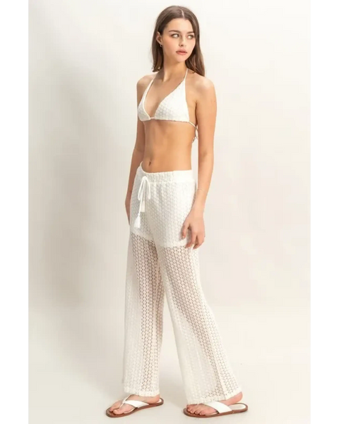 Trendsi chic cover up set for poolside featuring white crochet halter top and matching sheer pants