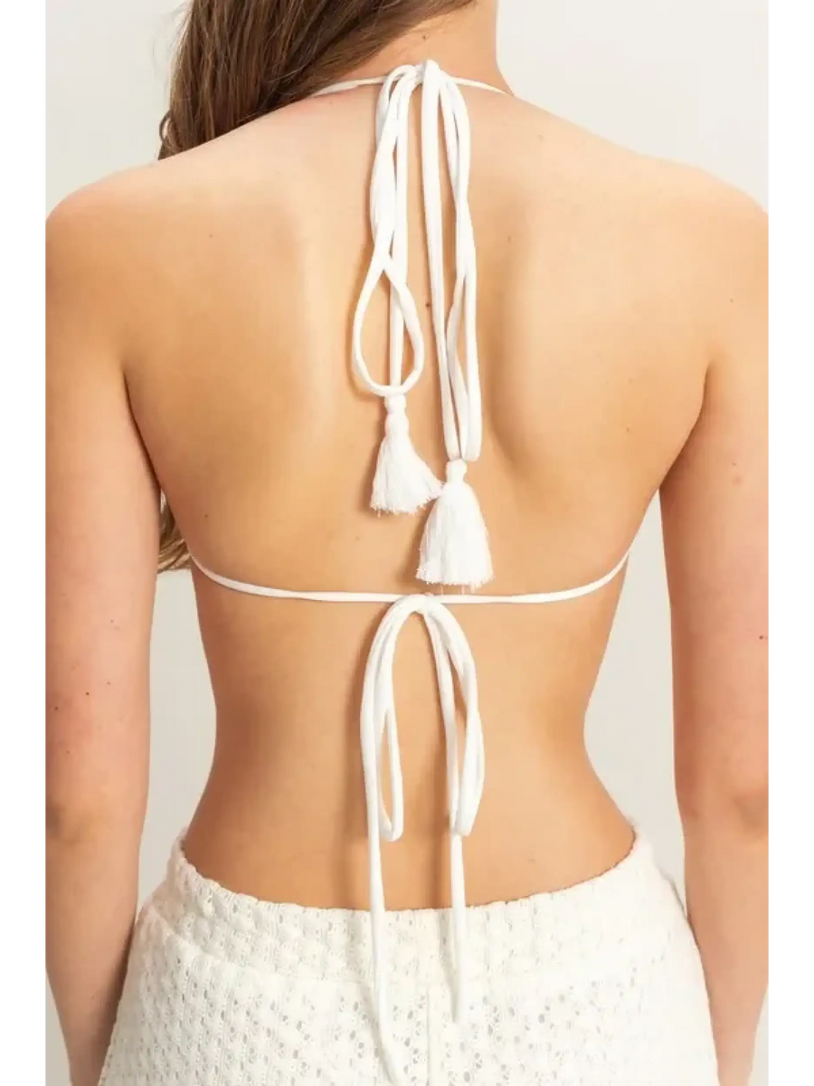 Trendsi chic cover up set for poolside with white tassel tie back design on woman