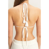 Trendsi chic cover up set for poolside with white tassel tie back design on woman