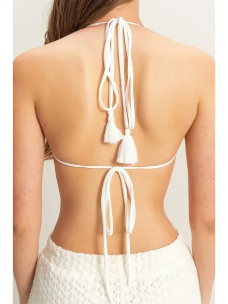 Trendsi chic cover up set for poolside with white tassel tie back design on woman