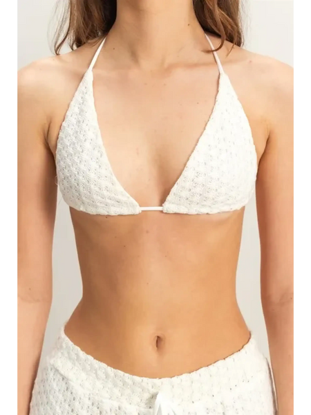 Trendsi white textured chic cover up set for poolside with triangle bikini top and matching shorts