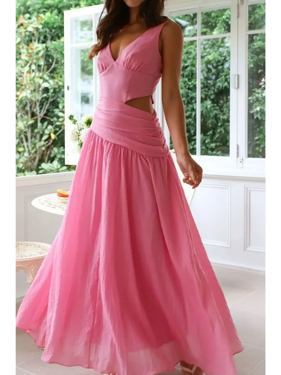 pink maxi chic cutout dress for women with sleeveless design and flowing skirt