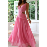 pink maxi chic cutout dress for women with sleeveless design and flowing skirt