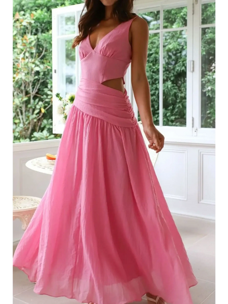 pink maxi chic cutout dress for women with sleeveless design and flowing skirt