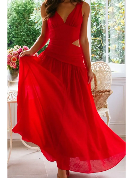 Red maxi dress by Trendsi featuring a chic cutout dress for women with sleeveless design and flowing skirt