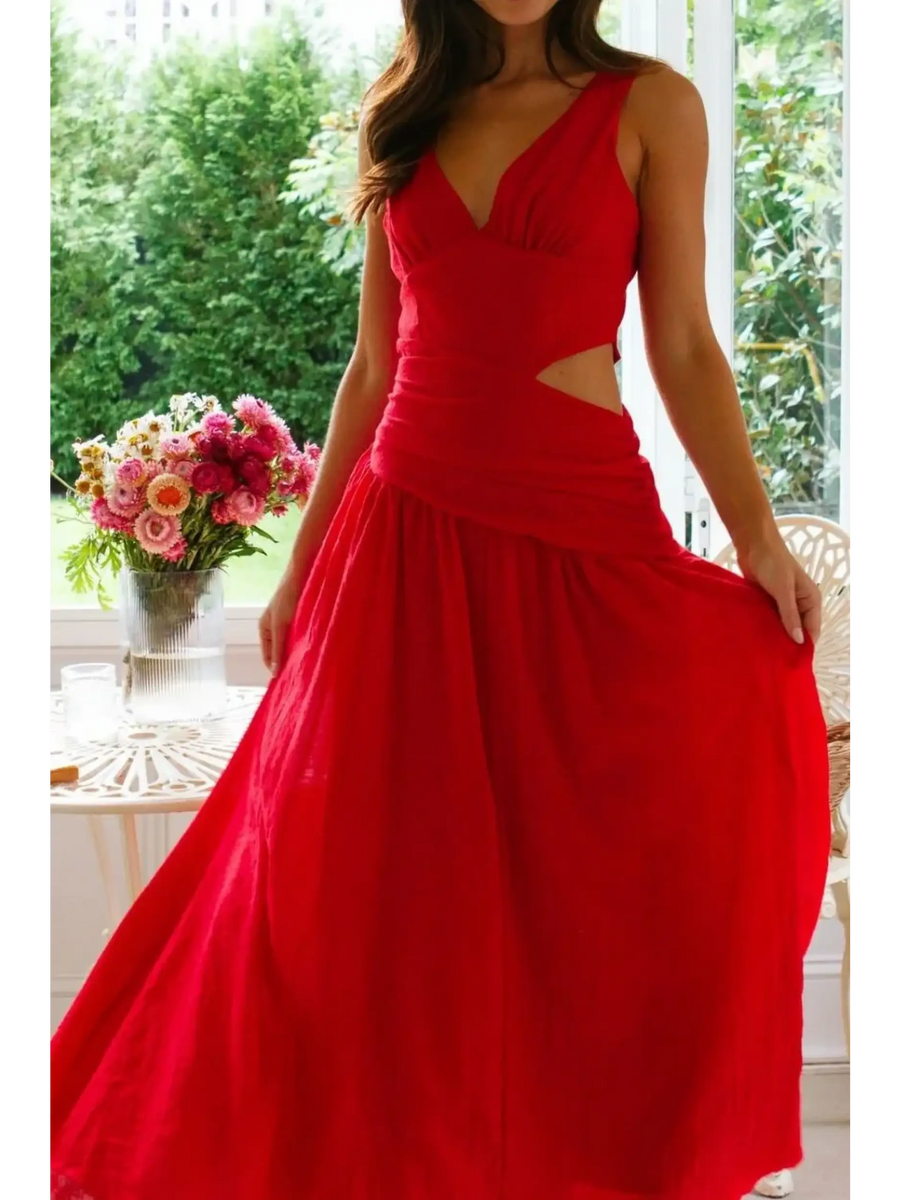 Trendsi chic cutout dress for women in red maxi length with sleeveless design and side cutout detail