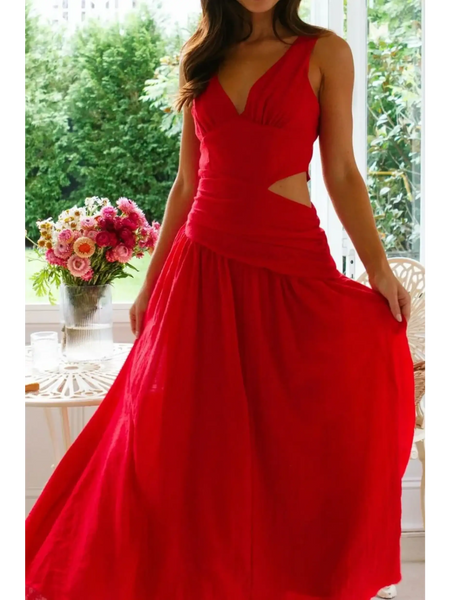 Trendsi chic cutout dress for women in red maxi length with sleeveless design and side cutout detail