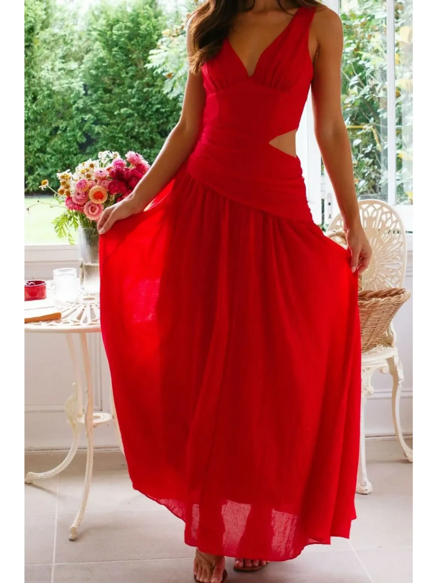Trendsi red maxi dress featuring a chic cutout dress for women with sleeveless design and flowing skirt