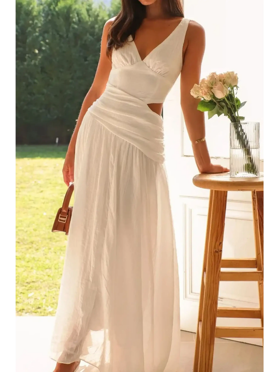 Trendsi chic cutout dress for women in white maxi style with sleeveless design and side waist cutouts