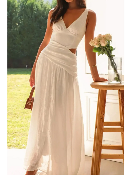 Trendsi chic cutout dress for women in white maxi style with sleeveless design and side waist cutouts