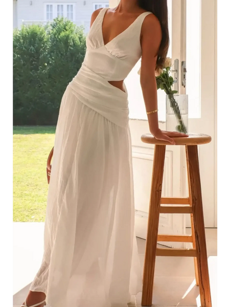 Trendsi chic cutout dress for women white maxi dress with sleeveless design and flowy skirt