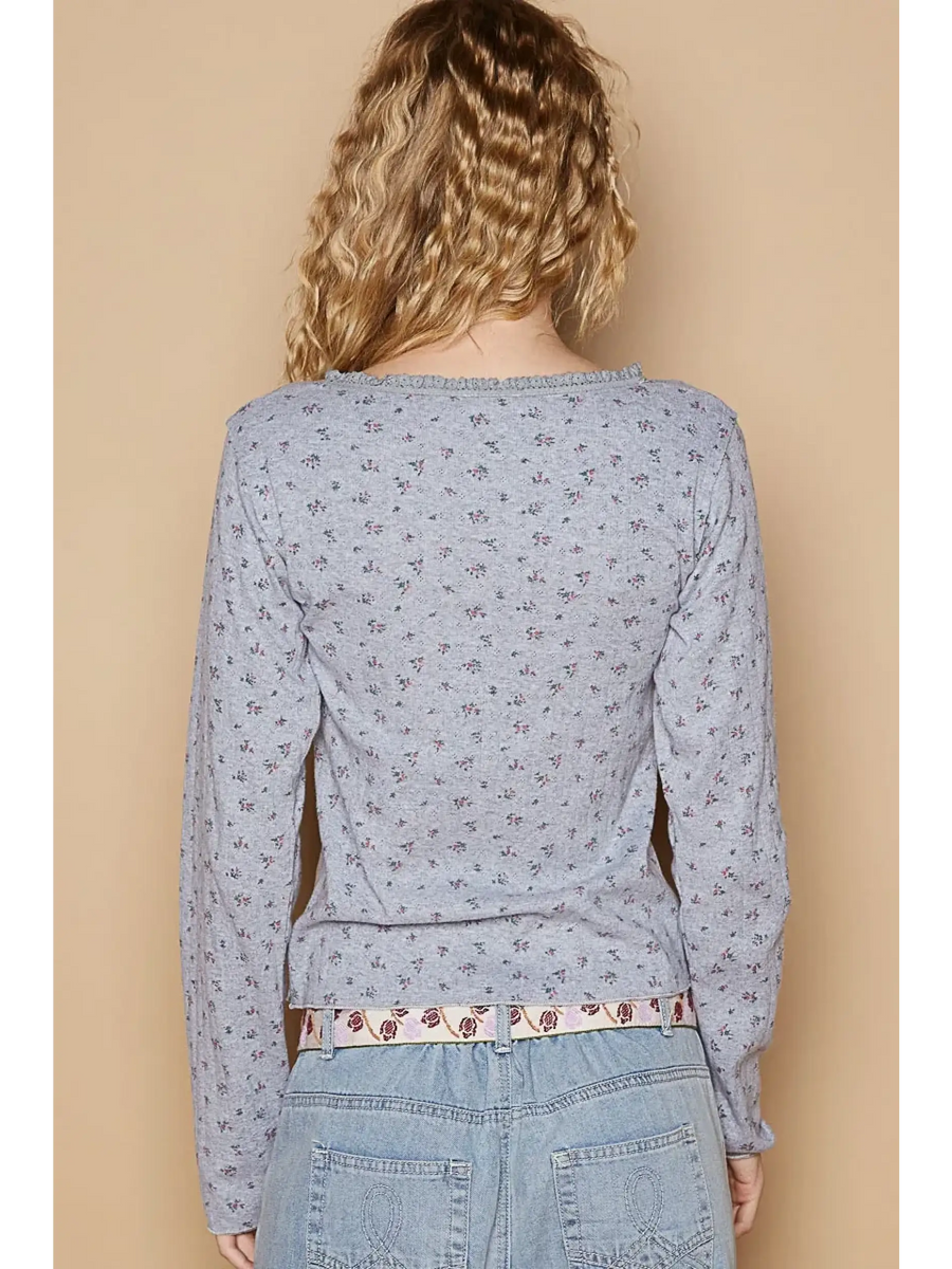 Trendsi chic long sleeve beachwear shirt in light gray with subtle floral pattern shown from back