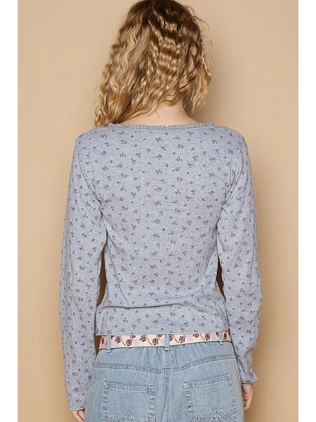 Trendsi chic long sleeve beachwear shirt in light gray with subtle floral pattern shown from back