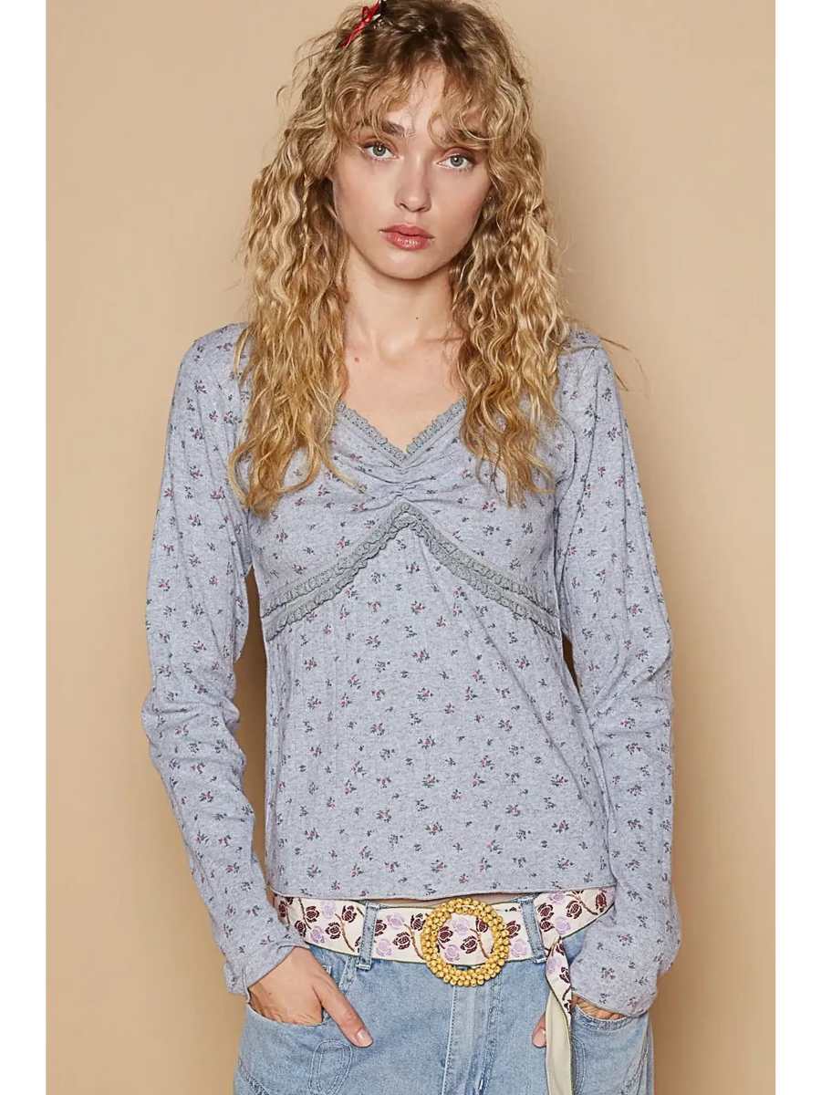 Trendsi chic long sleeve beachwear shirt in light gray with floral pattern and lace details
