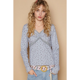Trendsi chic long sleeve beachwear shirt in light gray with floral pattern and lace details
