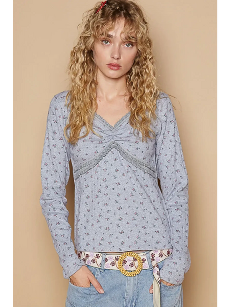 Trendsi chic long sleeve beachwear shirt in light gray with floral pattern and lace details