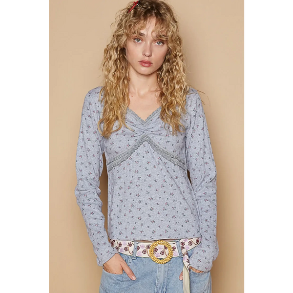 Trendsi chic long sleeve beachwear shirt in light gray with floral pattern and lace details