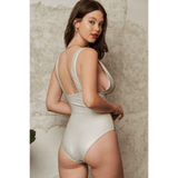 Trendsi chic mesh one-piece swimsuit in light beige worn by woman with open back design