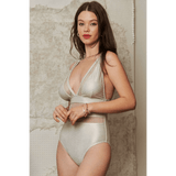 Trendsi chic mesh one-piece swimsuit in silver tone with deep V neckline and mesh detailing