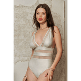 Trendsi chic mesh one-piece swimsuit with deep V neckline and mesh panel accents