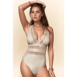Trendsi chic mesh one-piece swimsuit in beige with deep V neckline and mesh panel details