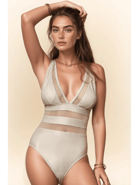 Trendsi chic mesh one-piece swimsuit in beige with deep V neckline and mesh panel details
