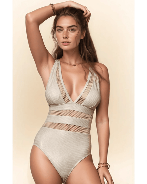 Trendsi chic mesh one-piece swimsuit in beige with deep V neckline and mesh panel details