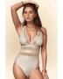 Trendsi chic mesh one-piece swimsuit in beige with deep V neckline and mesh panel details