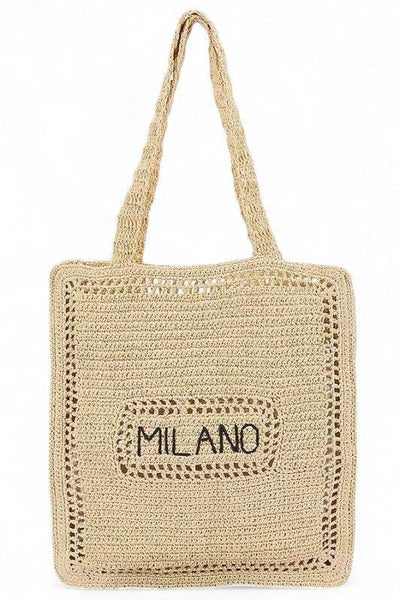 Chic Milano Straw Tote Bag – Your Essential Beach Wear with beige woven design and Milano text