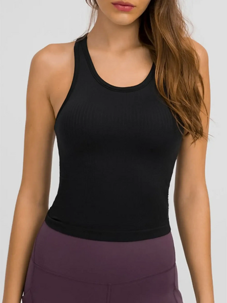 Trendsi black chic racerback yoga tank for women styled with purple leggings