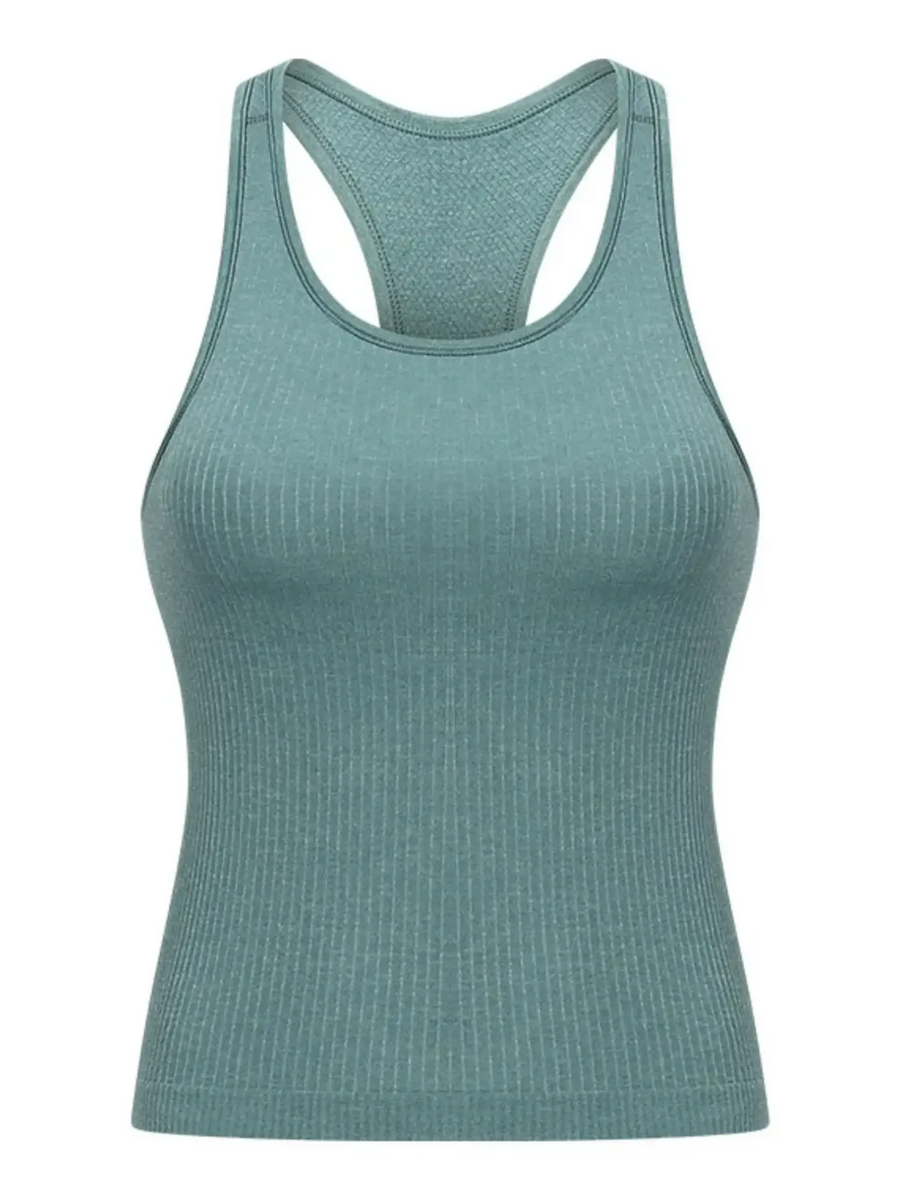 chic racerback yoga tank for women in muted green with ribbed texture and fitted design
